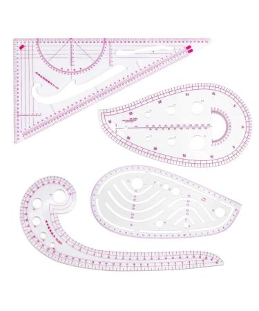HLZC Fashion Clear Metric Sewing Ruler Set, French Curve Pattern Making Ruler Kit for Beginners Tailors Designers (4-Piece Set) Pink