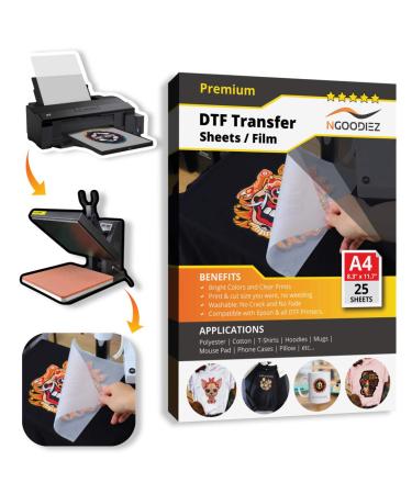 NGOODIEZ DTF Transfer Film Double-Sided Matte Clear DTF Transfer Paper PreTreat Sheets  PET Heat Transfer Paper Suited for All Modified Desktop DTF Printers - A4 (8.3 x 11.7)  25 DTF Film Sheets 25 Sheets Matte