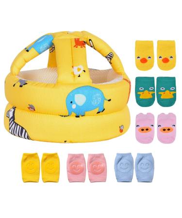 Umtiti Baby Adjustable Helmet Lightweight and Soft with 3 Pairs Baby Knee Pads for Crawling & 3 Pairs Baby Socks Great for Baby Learning to Walk and Crawl. Zoo Yellow+6