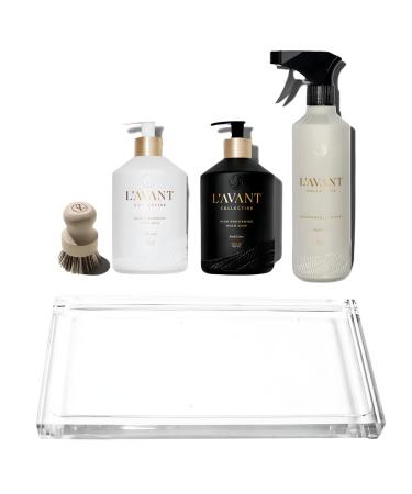 L'AVANT Collective Luxury Home Essentials Bundle | High Performing Dish Soap Hand Soap Multipurpose Cleaner Spray Scrub Brush Lucite Tray | Luxurious Ingredients Reusable Bottles (Fresh Linen)