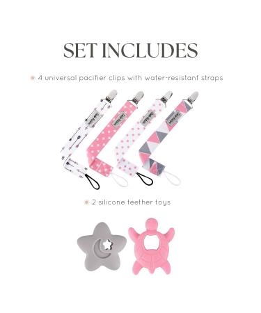 Dodo Babies Pacifier Clip & Teether Toy Set - 4 Clips + 2 Silicone Teethers - Universal Holder - Pink/Grey Prints - Boys/Girls - Buy Online on SooperMarket.com