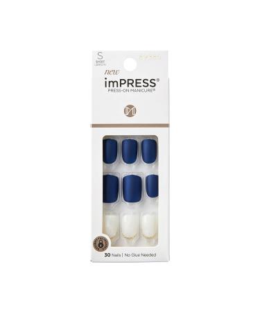 KISS imPRESS No Glue Mani Press On Nails Design 'Chasing Stars' Blue Short Size Squoval Shape Includes 30 Nails Prep Pad Instructions Sheet 1 Manicure Stick 1 Mini File