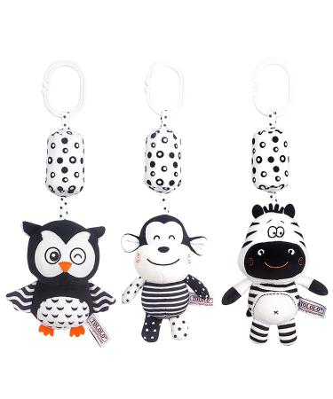 Eikada baby rattling toys high contrast black and white newborn toys hanging plush toys for car seat baby bed stroller (3 pack)