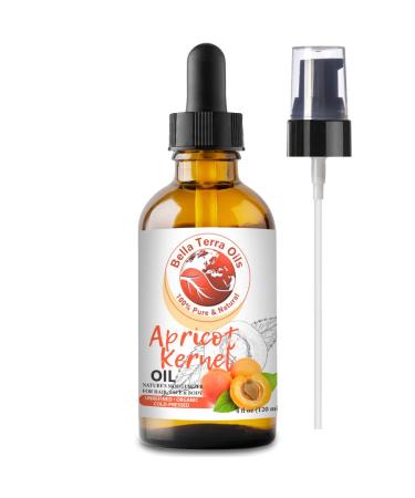 Bella Terra Oils Apricot Kernel Oil. 4oz. 100% Pure. Cold-pressed. Unrefined. Organic. Chemical-free. Rich in Antioxidants. Natural Moisturizer for Hair  Face  Body  Nails  Stretch Marks 4 Fl Oz (Pack of 1)