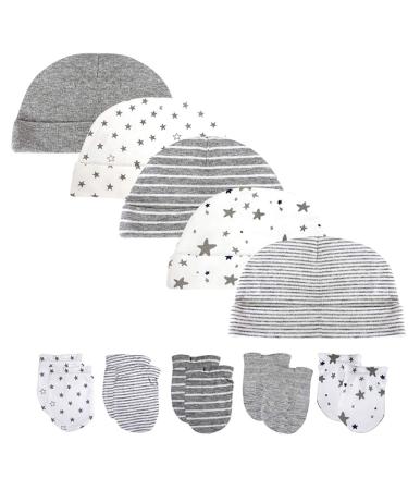 Baby hat and Mittens Set Newborn - 5pcs Baby Hats Caps & 5 Pairs Baby Scratch Mittens Gloves for Baby Boys Girls 0-6 Months 100% Cotton(Grey) Grey hat and mittens set
