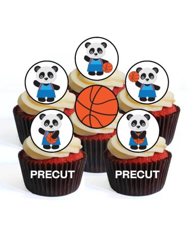 PRECUT Basketball Panda Edible Cupcake Toppers - Basketball Theme Premium Thickness SWEETENED VANILLA - wafer card disc cake decorations (Pack of 24)