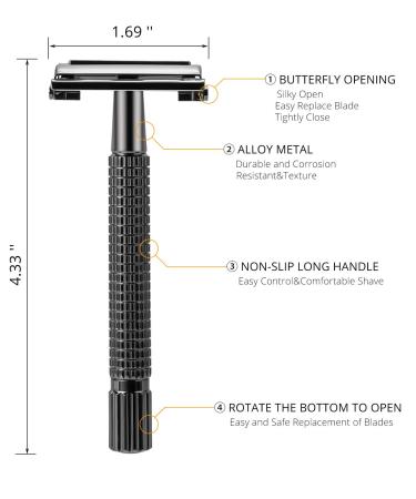 DreamGenius Long Handle Double Edge Safety Razor Set with Butterfly Open Design - Perfect for Men & Women - Includes 10 Stainless Steel Blades - Buy Online on SooperMarket.com