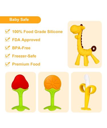 Silicone Baby Teething Toys Set - BPA-Free Banana & Giraffe Teether with Storage Case - Soothes Baby's Gums - Fruit Shape - 4 Pack - Buy Online on SooperMarket.com