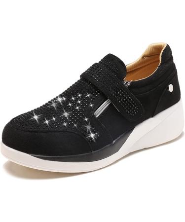 Women's Orthopedic Rhinestone Sneakers Arch Support Walking Fashion Casual Glitter Bling Velcro Shoe Black 7