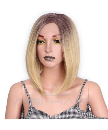 HBINGBING Synthetic Ombre Blonde Bob Front Lace Wigs Short Straight Wig Heat Resistant Fiber for Women Hair