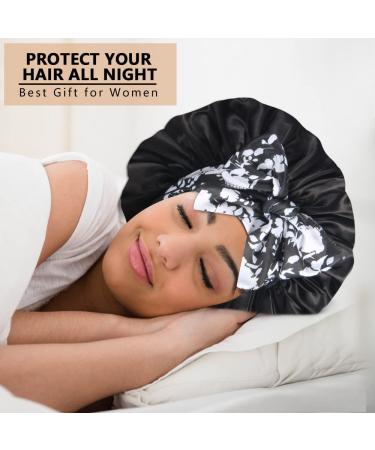 2pcs Large Silk Bonnets with Tie Band for Sleeping Curly Hair - A-black & Rose Gold - Buy Online on SooperMarket.com