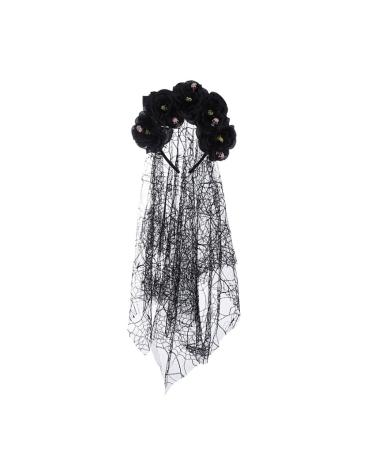 Prosy Halloween Rose Flower Headband Black Veil Horror Skull Costume Gothic Bride Veil Fancy Dress Headwear Accessories for Girls (Black)