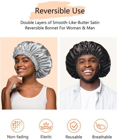 Mikimini X-Large Satin Bonnet for Sleeping - Black+Silver Reversible Double Layer Hair Cap - Soft Stretchy Hair Care Bonnet for Women - Buy Online on SooperMarket.com