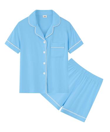 SWOMOG Unisex Girls Boys Modal Pyjamas Set Button-Down PJs Short Sleeve Sleepwear Two-Piece Lounge Sets 10-11 Years Light Blue