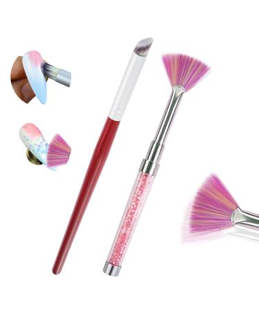 Hanyousheng Nail Art Brushes 2 Pcs Nail Gradient Brush Fan Nail Art Pen with Glitter Handle for Diy Art Creative Nail Art Design Painting Brushes Drawing Flower Pen Pink and Red