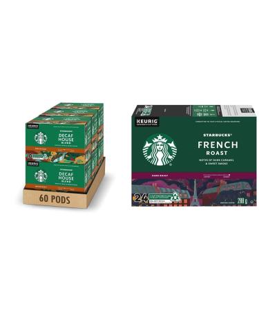 Starbucks House Blend Decaf K-Cups Single Serve Keurig Compatible Coffee Pods For Keurig Brewers - 60 Capsules & French Roast Dark Roast Coffee Single Serve Keurig K-Cup Pods 24 Capsules