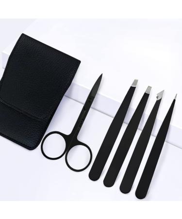Tweezers Set 5 in 1  Stainless Steel Tweezers and Eyebrow Scissors Great Precision for Facial Hair  Splinter and Ingrown Hair Removal Black Eyebrow Tweezers