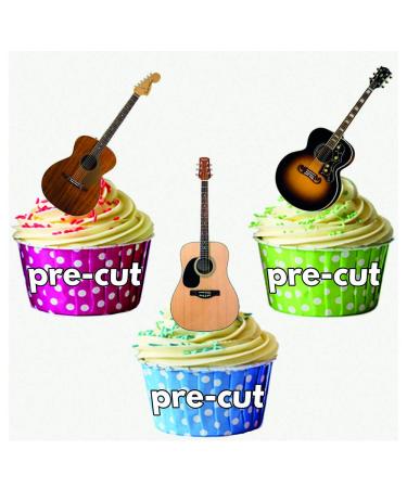 PRE-CUT Acoustic Guitars Cake Decorations - 12 Edible Wafer Cup Cake Toppers