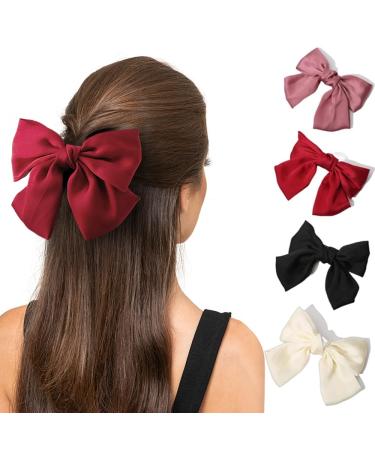 Bow Hair Clips 4PCS Hair Ribbon with Stylish Soft Satin Silky Bows for Hair Bows for Women Girls (Black White Red and Pink)