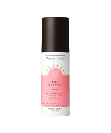 Frank Body SPF30 The Better Oil | Vegan & Cruelty-free | Nourishing Body Oil with Subtle Gold Shimmer | Jojoba Oil Almond Oil and Mica for a Natural Shimmer (3.38 fl oz/ 100mL)