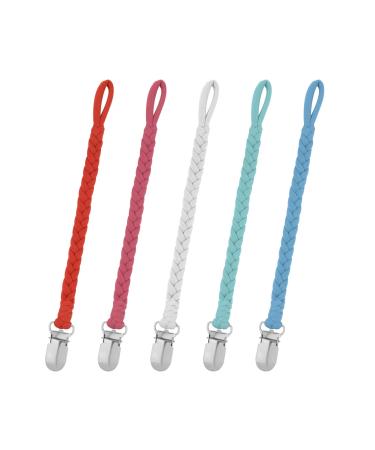 5pcs Pacifier Holder Clips  Handmade Braided Pacifier Clip Chain Neutral Sturdy Soother Pacifier Strap Leashes Fabric Binky Clip Dummy Clip for Baby Boys and Girls Baby Shower Birthday Gift (5 Colors)