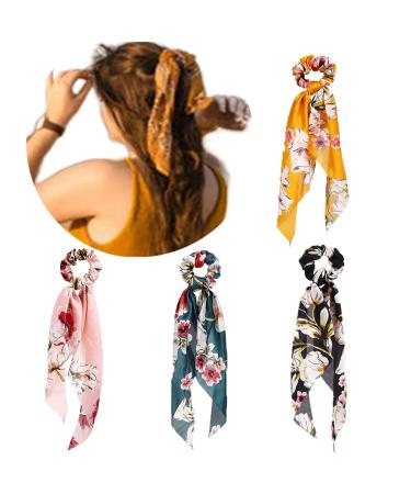 Aksod Floral Silk Scarf Scrunchy Ribbon Hair Scrunchies Printed Flower Long Headband Ponytail Holders Vintage Head Tie for Women and Girls (Pack of 4)