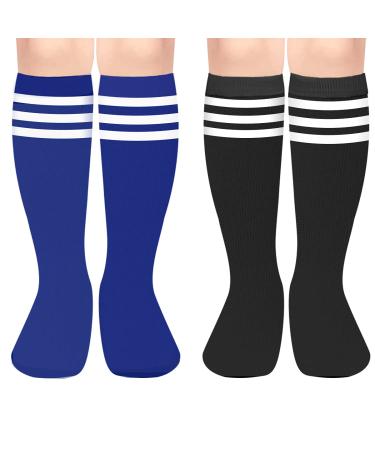 Kids Child Soccer Socks Cotton Toddler Soccer Socks Stripes Knee High Tube Socks Sport Kids Stockings for Boys Girls 3-6 Years Blue White & Black White