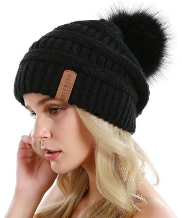 QUEENFUR Women's Slouchy Beanie with Faux Fur Pompom - Black | Winter Ski Cap - Buy Online on SooperMarket.com