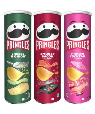 Cheese & Onion Sharing Crisps 185g with Prawn Cocktail Flavour Sharing Crisps 185g & Smokey Bacon Flavour Sharing Crisps 185g - Bundle Consisting of Pringles x3 Pack