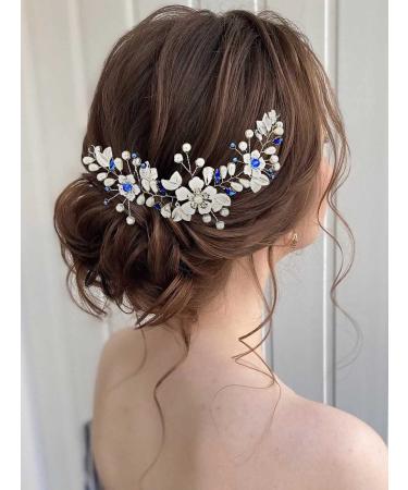 IYOU Pearl Wedding Hair Vine Blue Flower Hair Accessories Crystal Headband Prom Bridesmaid Bride Hair Piece for Women