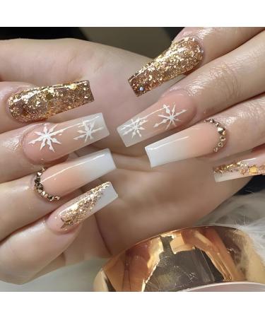 Brishow Christmas False Nails Snow Press on Nails Glitter Stick on Nails Ballerina Acrylic Short Fake Nails 24pcs for Women and Girls (C)