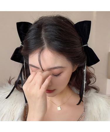 Wiwpar 2PCS Black Velvet Hair Bow Side Clips for Women Long Rhinestone Ribbon Tassel Hair Barrettes Clip Non-Slip Bowknot Hairpin Clips Cute Hair Accessories for Girls Christmas Halloween