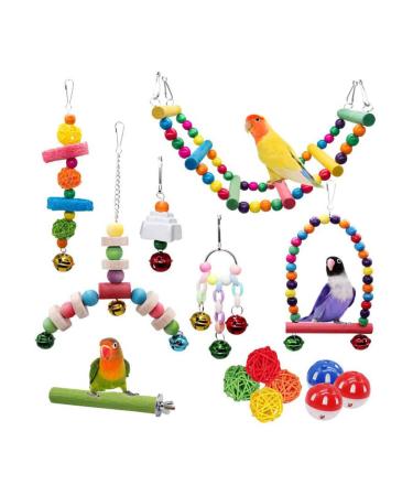 MQUPIN Bird Parrots Toys 14-Pack Cage Toys Hanging Swing Climbing Shredding Perches Ladders Sepak Takraw Bell Frosting Stick Parrot Set Toy for Medium Budgie Finches Cockatiels Conures African Parrot S-6.9inch
