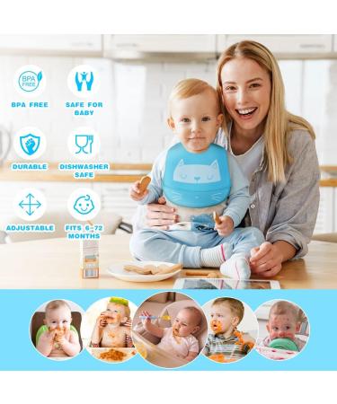 Vicloon Silicone Baby Bib 2PCS - Adjustable Waterproof Feeding Bibs with Food Catcher Pocket - Soft & Easy to Clean for Infant Toddler - Cat & Whale Blue - Buy Online on SooperMarket.com