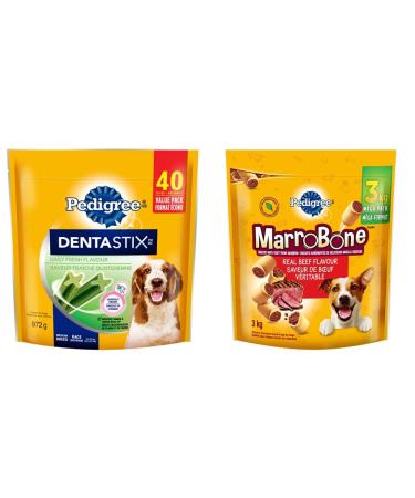PEDIGREE DENTASTIX Oral Care Dog Treats for Medium Dogs - Fresh Flavour 40 Sticks & MARROBONE Medium Dog Treats - Beef Flavour 3kg Pouch Fresh 2 Piece Set Dog Treats + Dog Food 3 kg (Pack of 1)