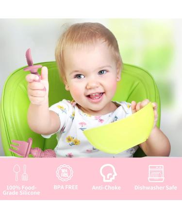 Baby Fork and Spoon Set - Silicone Toddler Utensils for Self-Feeding - Easy Grip Cutlery for Baby Led Weaning (Beige&Pink) - Buy Online on SooperMarket.com