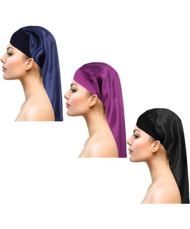 Firtink 3 Pcs Long Satin Bonnet Sleep Cap Set for Natural Hair - Black, Navy, Purple - Wide Elastic Band for Women - Extra Large Silk Bonnet for Night Sleep - Buy Online on SooperMarket.com