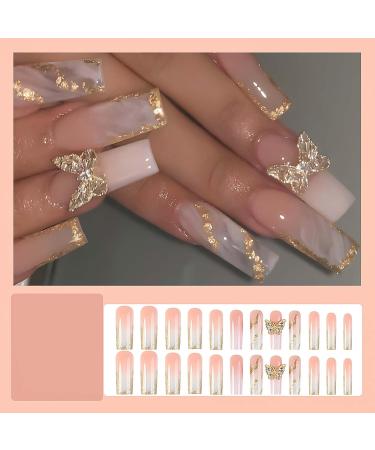 Buy Glossy Ombre Nail Press Ons - 24Pcs Coffin Fake Nails with 3D Butterfly & Gold Glitter - Ideal for Women - Buy Online on SooperMarket.com