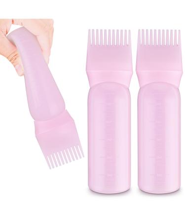 WLLHYF 2 Pack Root Comb Applicator Bottle 6 Ounce Hair Dye Bottle Brush Hair Oil Squeeze Bottles Plastic Hair Root Comb Color Applicator with Graduated Scale (Pink)