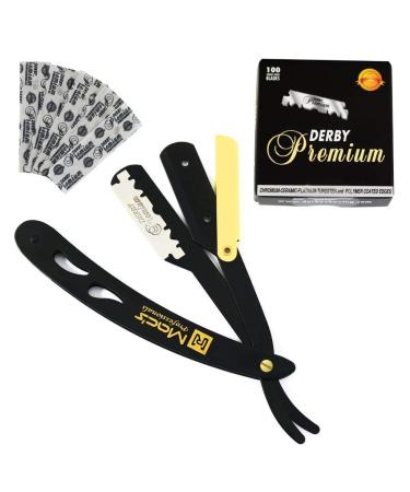 Professional B&G Straight Edge Shaving Razors,with Black Premium Derby 100 Count Blades-Easy Blades Replacement Mechanism-100% Stainless Steel Macs-049BGP1 (B & G with Black Premium Blades)
