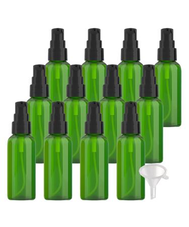 ZEOABSY 12 Pieces 50 ml Green Lotion Bottles with Black Pump 50ml Empty PET Plastic Lotion Pump Bottle Cosmetic Gel Travel Container for Cosmetic Make up Cleaning + 2 x Funnel Green 50 ml
