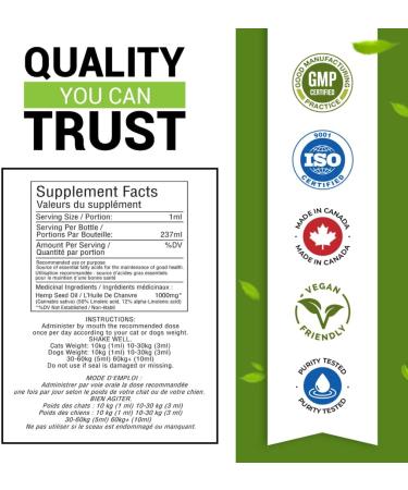 Pet Hemp Oil 225 000 Mg (8 oz) Extra Strength Formula - Peanut Butter Flavoured - Derived Hemp Seed Oil - Hip Joint Support and Skin Coat Health Non-GMO Omega 3 6 9 Balance Oil Made in Canada - Buy Online on SooperMarket.com