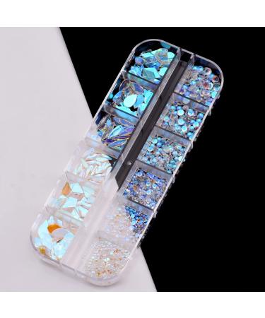 Mix Shapes Glass Flat Back Aurora Nail Rhinestones Crystal Clear Ab Transparant Sparkling Color Charms with 6 Sizes Round Diamonds for Nails Decoration Kit Box