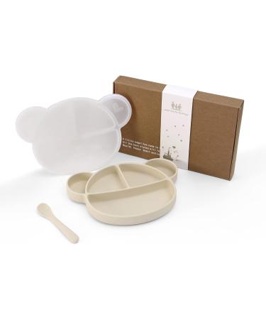Silicone Baby Suction Plate with Lid, Spoon & Divided Sections - BPA Free & Dishwasher Safe - Toddler Self Feeding Dinnerware Set in White - Buy Online on SooperMarket.com