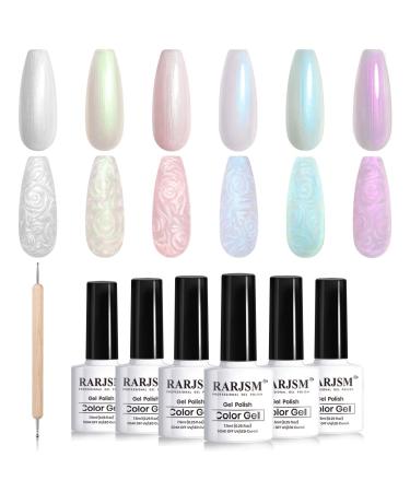 RARJSM Pearl Gel Nail Polish Set 6 Colors Pearlescent Shell Glitter White Gold Pink Green Purple Shimmer Mermaid Nail Gel Polish Soak Off LED UV Curing Requires Swirl Thread Effect DIY Manicure Use Pearl Glitter