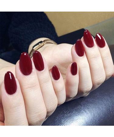 Brishow short artificial nails almond press on nails red nails to stick on ballerina acrylic false nails 24 pieces for women and girls (wine red)