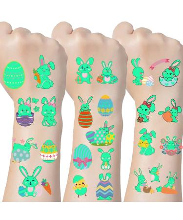 Easter Glow Temporary Tattoo for Kids 73 Pieces Luminous Bunny Fake Tattoos Rabbit Carrot Eggs Chick Design Tattoo Stickers for Women Girls Boys Gift Easter Party favors Supplies