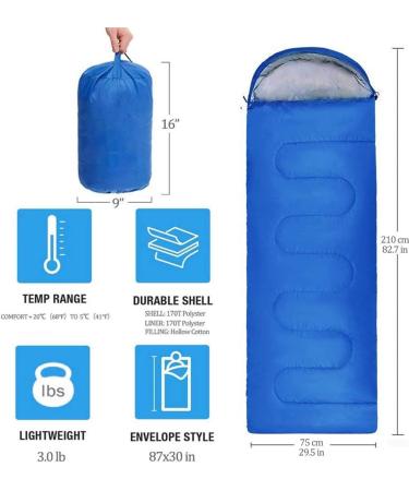 Lightweight 3 Season Sleeping Bag for Kids & Adults - 5-20 Degree Microfiber Fill - Ideal for Backpacking, Hiking, Camping - Includes Compression Sack - Single, Blue - Buy Online on SooperMarket.com