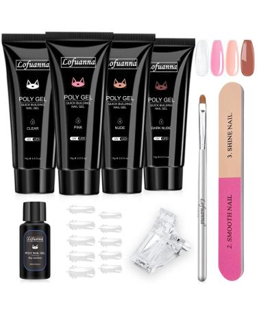 Lofuanna 4PCS Poly Gel Nail Kit 4 Colors 15ML - Builder Gel Poly gel nail kit starter kit Clear&Pink&Dark nude&Nude Extension Gel Kit Professional Technician All in One French Kit 3-Nail SET