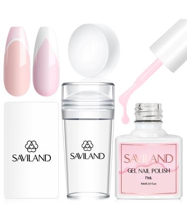 Saviland nail stamp set-Sheerness Jelly French tip nail stamp and pink gel nail polish nail scraper nail cleaning pad nail accessories stamp for nails nail stamper French nails design set 03-pink